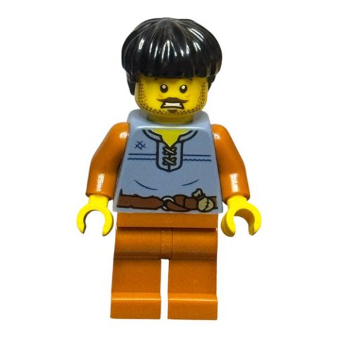 Minifigurka LEGO Cart Driver, Sand Blue Torso, Dark Orange Legs, Black Hair