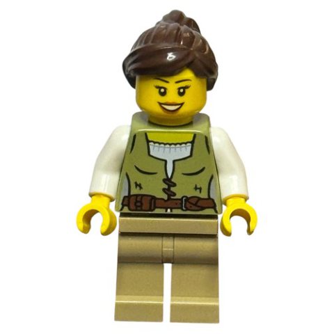 Minifigurka LEGO Woman, Olive Green Torso, Dark Tan Legs, Dark Brown Hair