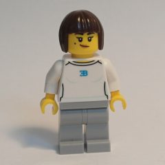 Minifigurka LEGO Race Driver, White Shirt, Light Bluish Gray Legs, Dark Brown Hair
