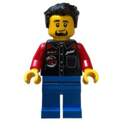 Minifigurka LEGO Driver, Black Vest, Blue Legs, Black Hair