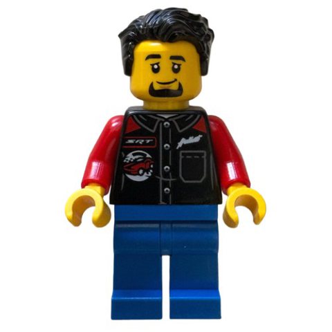 Minifigurka LEGO Driver, Black Vest, Blue Legs, Black Hair