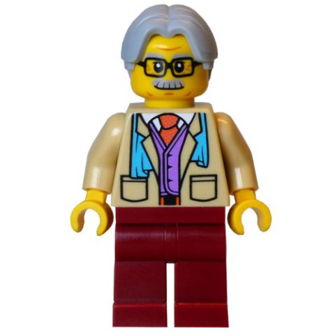 Minifigurka LEGO Man, Tan Torso, Dark Red Legs, Light Bluish Grey Hair