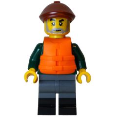 Minifigurka LEGO Fisher Man, Dark Green Torso, Dark Bluish Grey Legs, Reddish Brown Cap, Life Vest