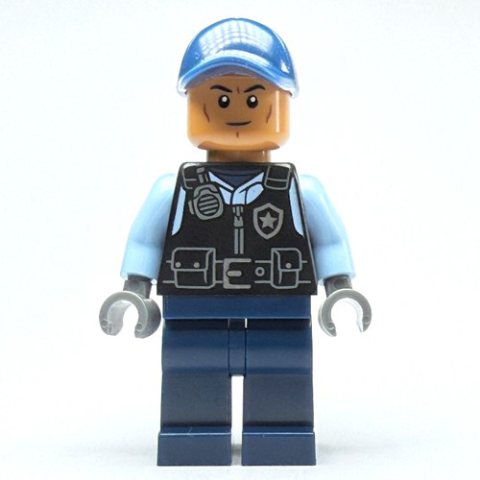 Minifigurka LEGO Security Guard, Black Vest, Dark Blue Legs