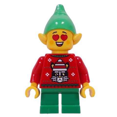 Minifigurka LEGO Elf - Red, Green Legs, Bright Green Hat, Hearts for Eyes