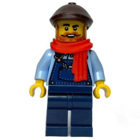 Minifigurka LEGO Train Driver, Dark Blue Overall, Reddish Brown Cap, Scarf