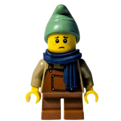 Minifigurka LEGO Elf, Dark Tan Torso, Reddish Brown Apron, Sand Green Cap, Dark Blue Scarf