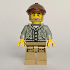 Minifigurka LEGO Man, Old, Light Bluish Grey Torso, Dark Tan Legs, Reddish Brown Cap