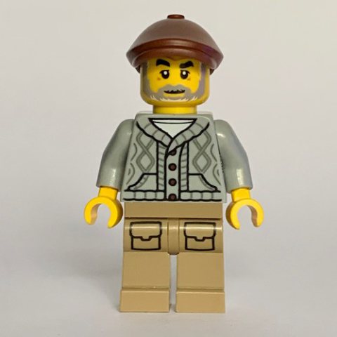 Minifigurka LEGO Man, Old, Light Bluish Grey Torso, Dark Tan Legs, Reddish Brown Cap