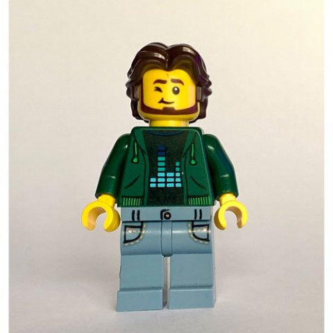 Minifigurka LEGO Man, Dark Green Torso, Sand Blue Legs, Dark Brown Hair