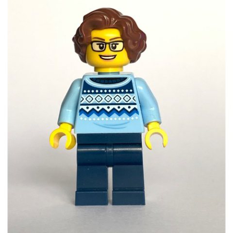 Minifigurka LEGO Woman, Bright Light Blue Torso, Dark Blue Legs, Reddish Brown Hair