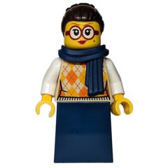 Minifigurka LEGO Woman, Tan Torso, Dark Blue Dress, Dark Brown Hair, Dark Blue Scarf