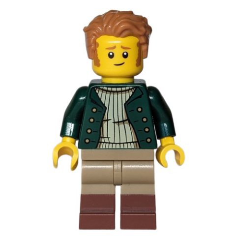 Minifigurka LEGO Man, Dark Green Torso, Dark Tan Legs, Medium Nougat Hair