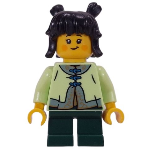 Minifigurka LEGO Kid, Yellowish Green Torso, Dark Green Legs, Black Hair