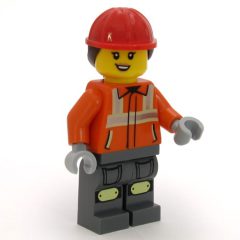 Minifigurka LEGO Construction Worker, Reddish Orange Jacket, Overall, Red Hard Hat with Dark Brown Ponytail