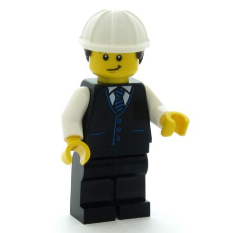 Minifigurka LEGO Man, Black Vest, Black Legs, White Hard Hat with Dark Brown Hair