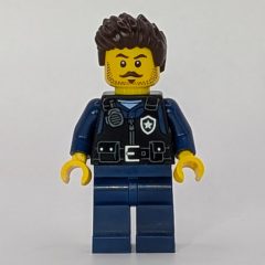 Minifigurka LEGO Police Officer, Black Vest, Dark Blue Legs, Dark Brown Hair, Moustache