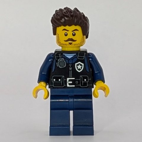 Minifigurka LEGO Police Officer, Black Vest, Dark Blue Legs, Dark Brown Hair, Moustache