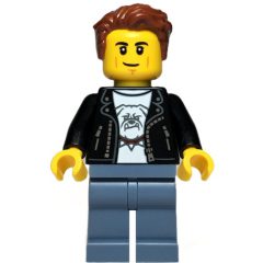 Minifigurka LEGO Man, Black Leather Jacket, Sand Blue Legs, Reddish Brown Hair