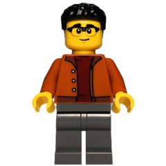 Minifigurka LEGO Man, Dark Orange Torso, Dark Bluiosh Gray Legs, Black Hair