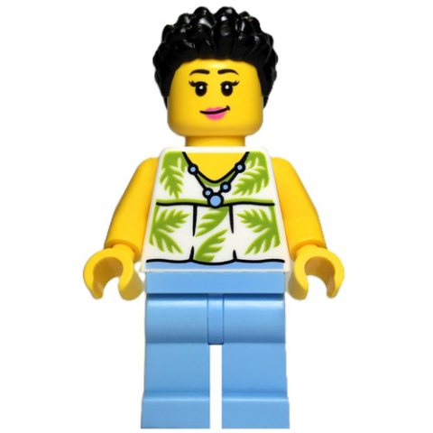 Minifigurka LEGO Woman, White Torso, Bright Light Blue Legs, Black Hair