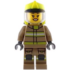 Minifigurka LEGO Firefighter, Dark Tan Fire Suit, Vibrant Yellow Helmet, Open Mouth