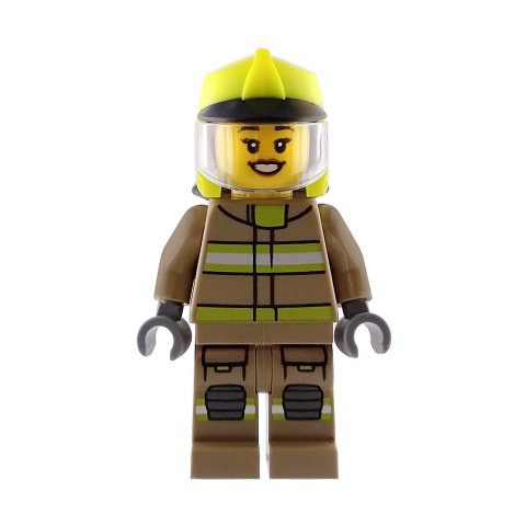 Minifigurka LEGO Firefighter, Dark Tan Fire Suit, Vibrant Yellow Helmet, Open Mouth