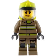 Minifigurka LEGO Firefighter, Dark Tan Fire Suit, Vibrant Yellow Helmet, Dirty Face