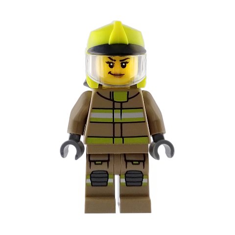 Minifigurka LEGO Firefighter, Dark Tan Fire Suit, Vibrant Yellow Helmet, Dirty Face