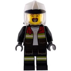 Minifigurka LEGO Firefighter, Black Fire Suit, White Helmet, Moustache