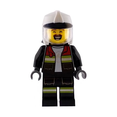 Minifigurka LEGO Firefighter, Black Fire Suit, White Helmet, Moustache