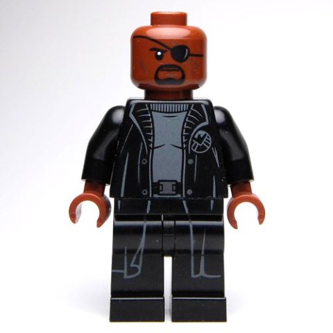 Minifigurka LEGO Nick Fury in Long Black Coat Over Gray Sweater, No Line on Hips