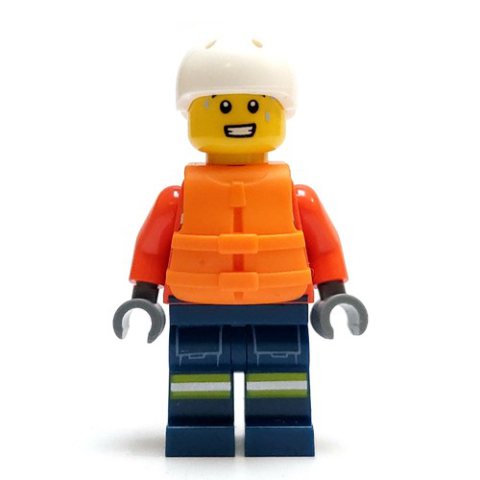 Minifigurka LEGO Lifeguard, Reddish Brown Torso, Dark Blue Legs, Dark Brown Hair, Life Vest
