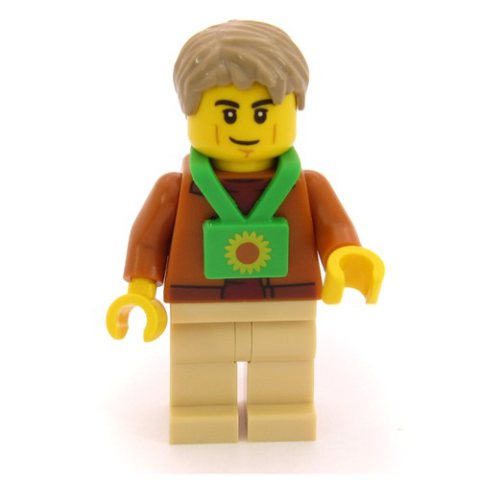 Minifigurka LEGO Passenger, Dark Orange Torso, Tan Legs, Dark Tan Hair, Sunflower Lanyard