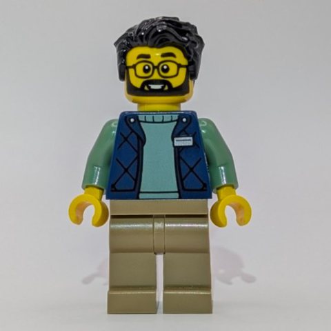Minifigurka LEGO LEGO Employee, Dark Blue Torso, Dark Tan Legs, Black Hair