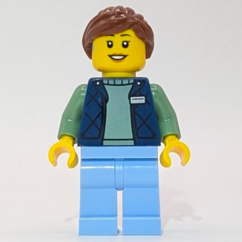 Minifigurka LEGO LEGO Employee, Dark Blue Torso, Bright Light Blue Legs, Reddish Brown Hair