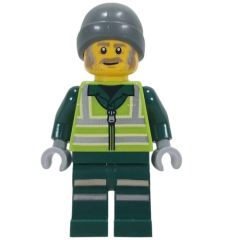 Minifigurka LEGO Recycling Worker, Lime Safety Vest, Dark Green Legs, Dark Bluish Grey Beanie
