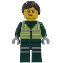 Minifigurka LEGO Recycling Worker, Lime Safety Vest, Dark Green Legs, Dark Brown Hair