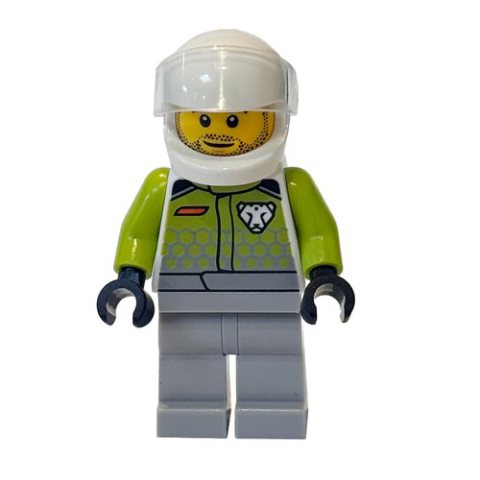 Minifigurka LEGO Race Driver, Lime Torso, Light Bluish Grey Legs, White Helmet