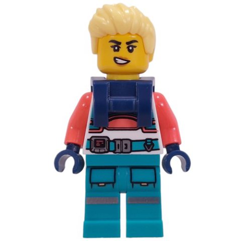 Minifigurka LEGO Astronaut, White/Coral Suit, Dark Turquoise Legs, Bright Light Yellow Hair, Harnass