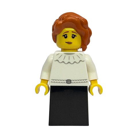 Minifigurka LEGO Lady, White Torso, Black Dress, Dark Orange Hair