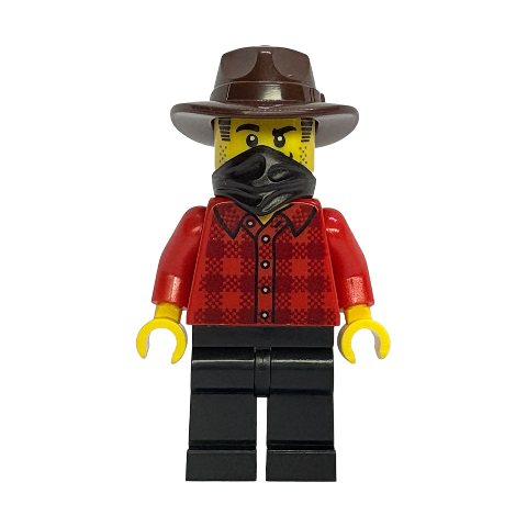 Minifigurka LEGO Bandit, Red Shirt, Black Legs, Fedora, Mask