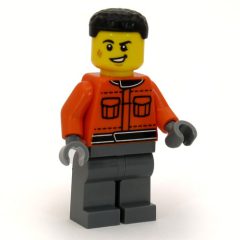 Minifigurka LEGO Pit Crew, Reddish Orange Jacket, Dark Bluish Gray Legs, Black Hair