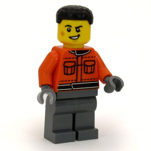 Minifigurka LEGO Pit Crew, Reddish Orange Jacket, Dark Bluish Gray Legs, Black Hair