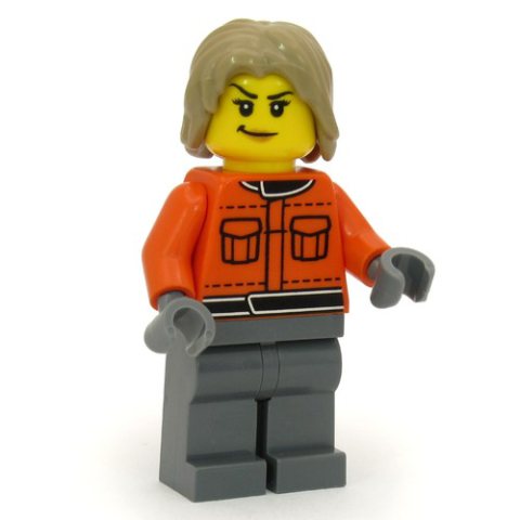 Minifigurka LEGO Pit Crew, Reddish Orange Jacket, Dark Bluish Gray Legs, Dark Tan Hair
