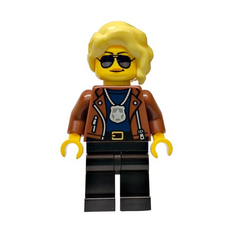 Minifigurka LEGO Police Officer, Reddish Brown Torso, Black Legs, Bright Light Yellow Hair