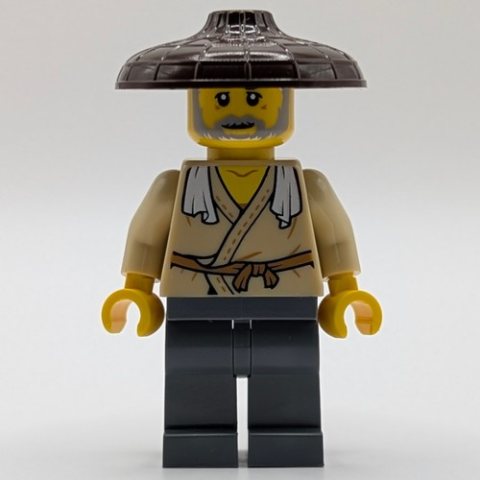 Minifigurka LEGO Tan Robes, Dark Bluish Grey Legs, Dark Brown Hat
