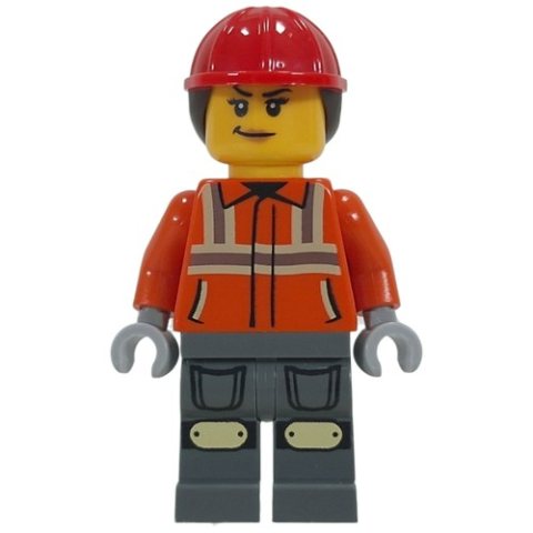 Minifigurka LEGO Construction Worker, Reddish Orange Jacket, Dark Bluish Gray Legs, Red Hard Hat with Ponytail