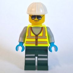 Minifigurka LEGO Train Driver, Vibrant Yellow Safety Vest, Dark Green Legs, White Hard Hat