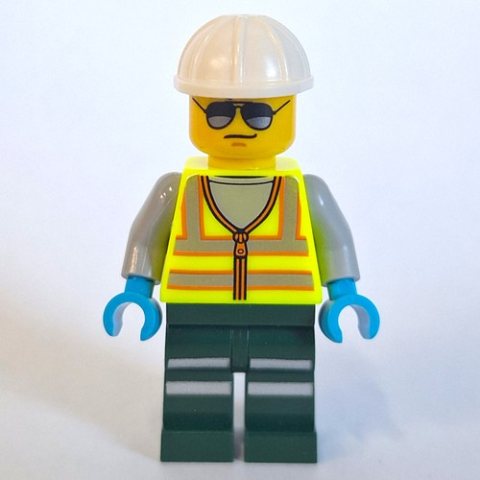 Minifigurka LEGO Train Driver, Vibrant Yellow Safety Vest, Dark Green Legs, White Hard Hat